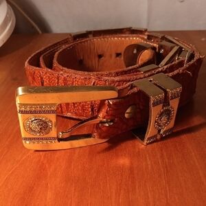 Brown Leather Belt with Gold Lion Buckle Size 36